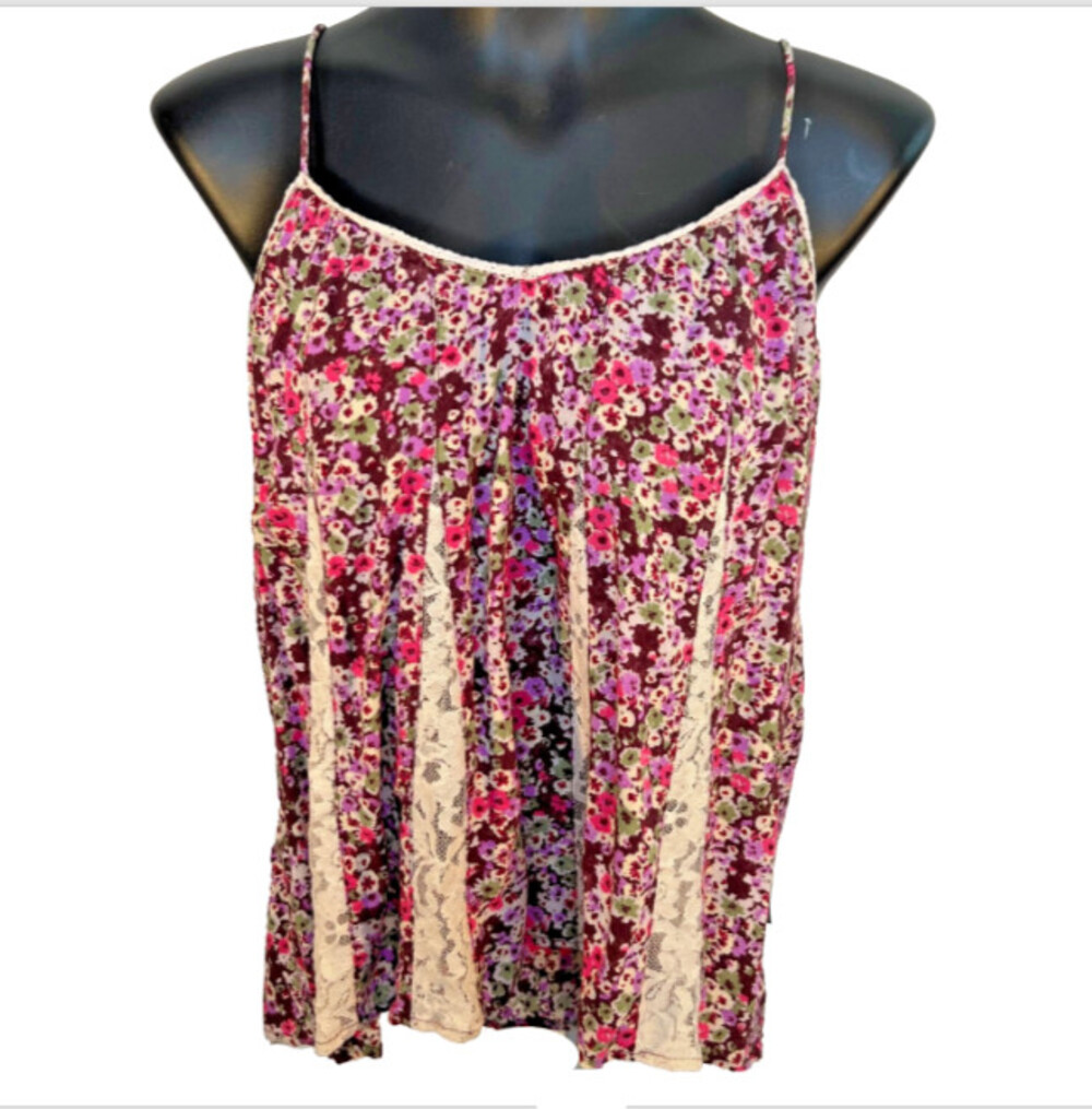 American Eagle - Women's L Tank Top Baby Floral and Lace Flared Hem Strappy